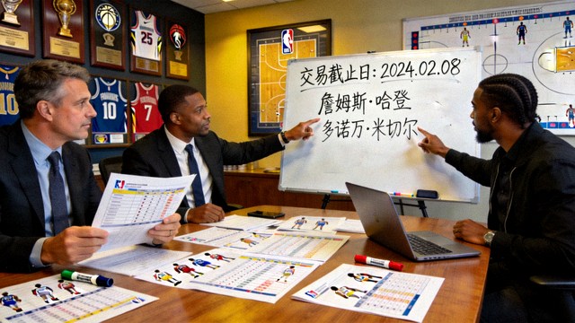 NBA交易截止日前球队管理层在办公室讨论阵容调整
