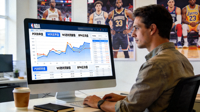 NBA数据分析师在屏幕前查看球员高阶数据图表